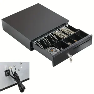 Cash Drawer Heavy Duty Electronic Cash Drawer Box with 2 Keys Cash Drawer Register Cash Box with Money Tray And Lock, Till Drawer with 5 Bill 5 Coin Removable Trays, Auto Manual Open, Stainless Steel Cash Box for Point System, Businesses