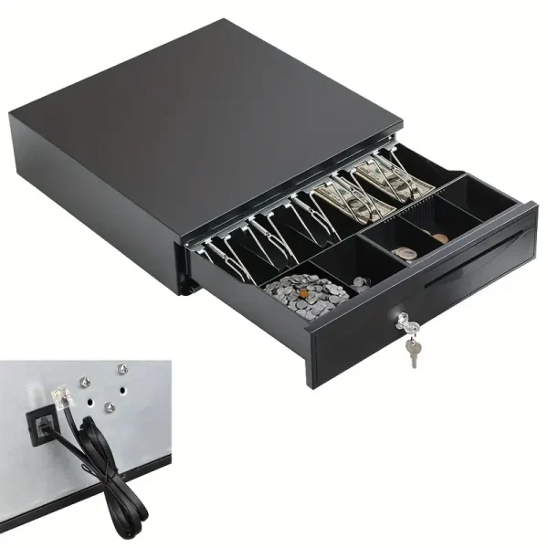Cash Drawer Heavy Duty Electronic Cash Drawer Box with 2 Keys Cash Drawer Register Cash Box with Money Tray And Lock, Till Drawer with 5 Bill 5 Coin Removable Trays, Auto Manual Open, Stainless Steel Cash Box for Point System, Businesses